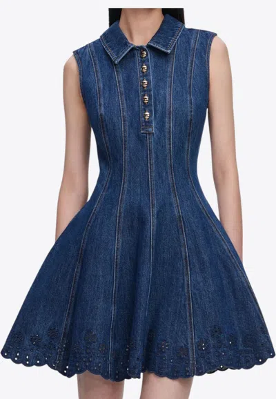 Self-portrait Paneled Broderie Anglaise Denim Mini Dress In Blue