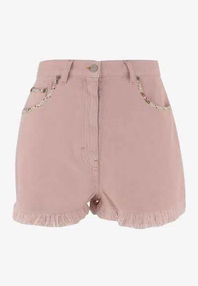 Valentino Knee Length Shorts Frayed Hem Floral Pockets Belt Loops In Pink
