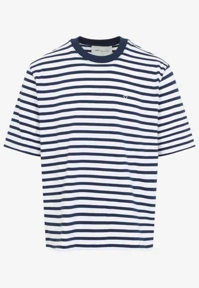 Ami Alexandre Mattiussi Ami Paris White And Blue Mariniere Boxy Fit Cotton T-shirt In Multi