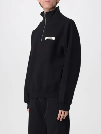 Jacquemus High Neck Zip Sweatshirt With Logo Detail And Gathered Cuffs In Black