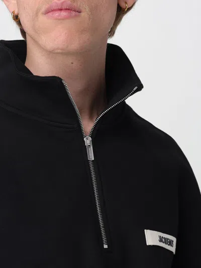 Jacquemus High Neck Zip Sweatshirt With Logo Detail And Gathered Cuffs In Black