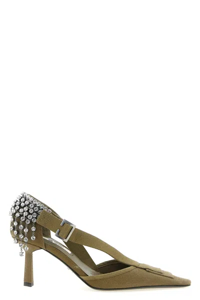 Prada Canvas Pumps Slingback Pointed Toe Embellished Heel In Green