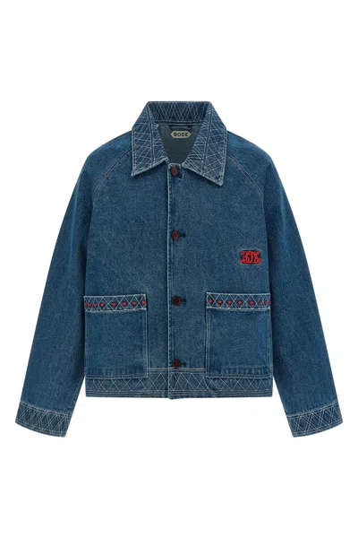 Bode Embroidered Merino Wool-blend Denim Jacket In Blue