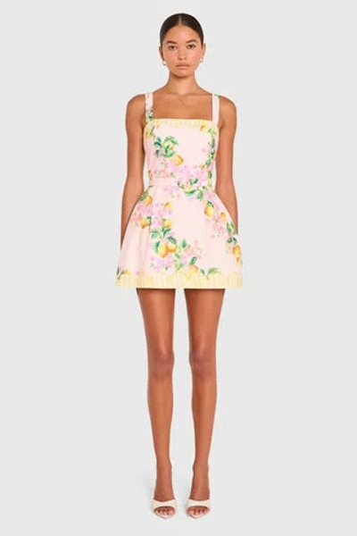Amanda Uprichard Judie Lemon Print Belted Linen Blend Romper In Metallic