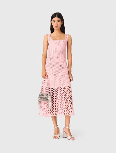 Maje Womens Pink Square-neck Rhinestone-embellished Crochet Midi Dress