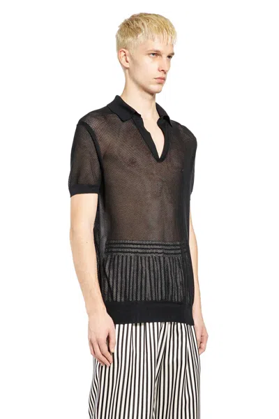 Tom Ford Mens Chocolate Open-collar Mesh Cotton And Silk-blend Polo Top In Black