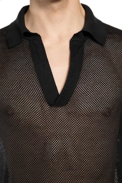 Tom Ford Mens Chocolate Open-collar Mesh Cotton And Silk-blend Polo Top In Black