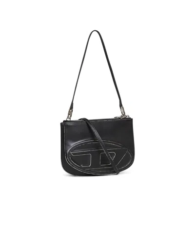 Diesel Twin-double-pouch Embossed-leather Shoulder Bag In Black