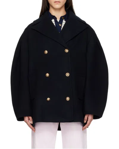 Ganni Double-breasted Oversize Coat In Blue