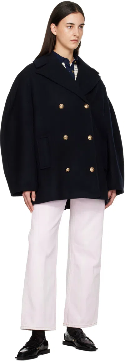 Ganni Double-breasted Oversize Coat In Blue