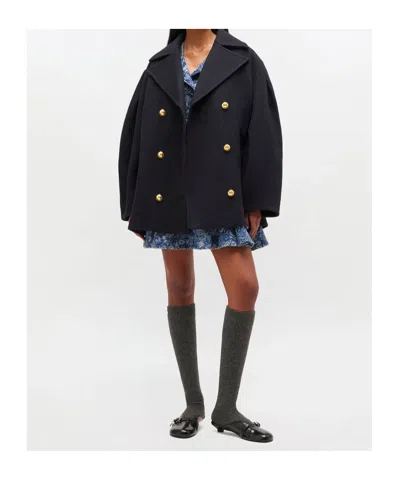 Ganni Double-breasted Oversize Coat In Blue