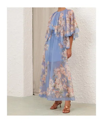 Zimmermann Womens Teal Blue Botanical Cascadian Flared-panels Cotton And Silk Maxi Dress Xl In Multi