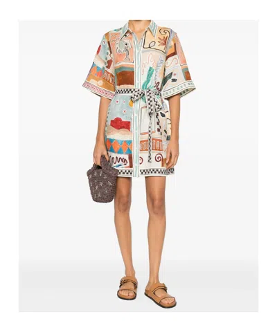 Alemais Michelle Multicolor Mini Dress With Classic Collar And All-over Geometric Motif In Linen Woman