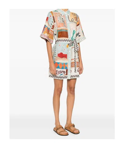 Alemais Michelle Multicolor Mini Dress With Classic Collar And All-over Geometric Motif In Linen Woman