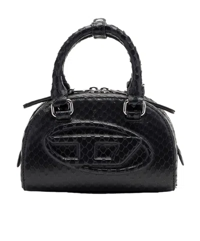 Diesel 1dr Dome-mini Bowling Bag In Snake-effect Leather In Black