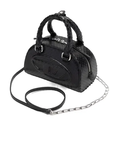 Diesel 1dr Dome-mini Bowling Bag In Snake-effect Leather In Black