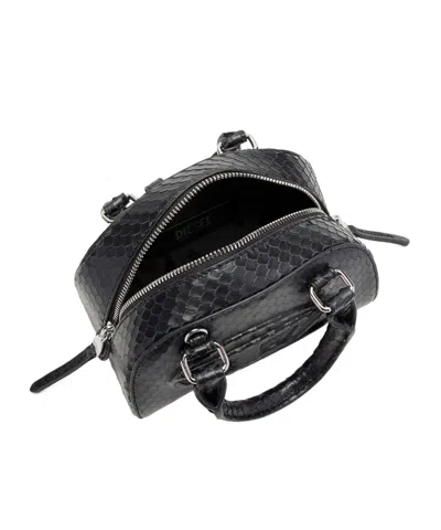 Diesel 1dr Dome-mini Bowling Bag In Snake-effect Leather In Black