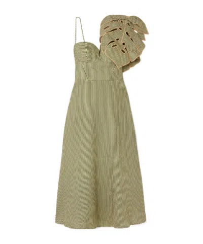 Farm Rio Green Striped 3d Monstera Leaf Euroflax Premium Linen Midi Dress In Neutral