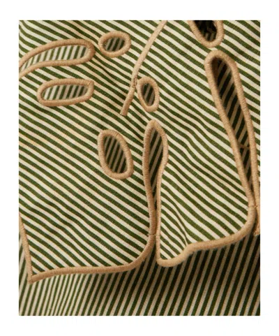 Farm Rio Green Striped 3d Monstera Leaf Euroflax Premium Linen Midi Dress In Neutral