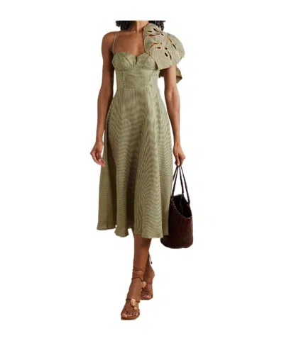 Farm Rio Green Striped 3d Monstera Leaf Euroflax Premium Linen Midi Dress In Neutral