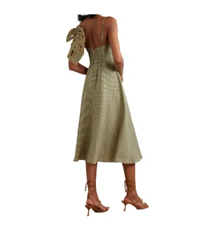 Farm Rio Green Striped 3d Monstera Leaf Euroflax Premium Linen Midi Dress In Neutral