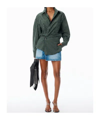 Alexander Wang Long Sleeve Check & Denim Wrap Dress In Green