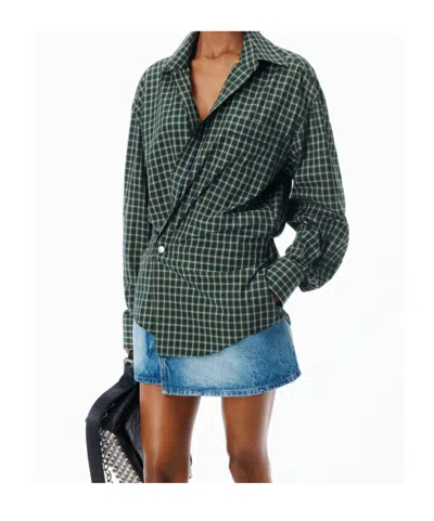 Alexander Wang Long Sleeve Check & Denim Wrap Dress In Green