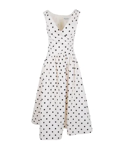 Self-portrait White Dress With All-over Polka Dot And Flared Skirt In Cotton Woman In Orange