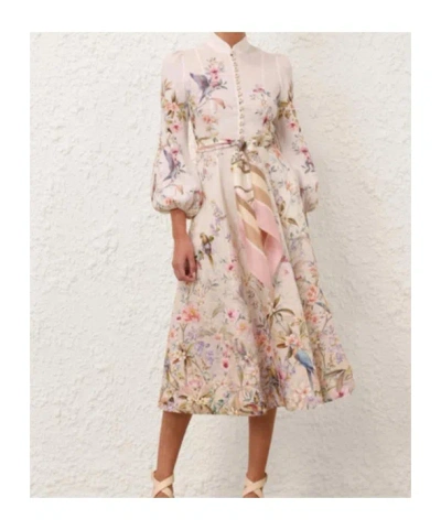 Zimmermann Rebellion Multicolor Midi Dress With Bow Detail On The Front And All-over Floral Print In Linen Woma