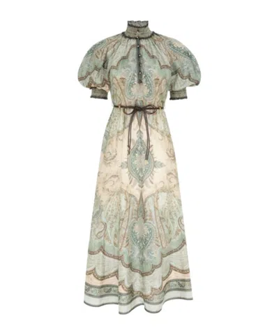 Zimmermann Womens Tapestry Teal Multi Wanderlust Billow Puffed-short-sleeves Silk Midi Dress In Multi