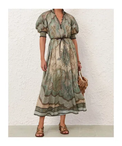 Zimmermann Womens Tapestry Teal Multi Wanderlust Billow Puffed-short-sleeves Silk Midi Dress In Multi