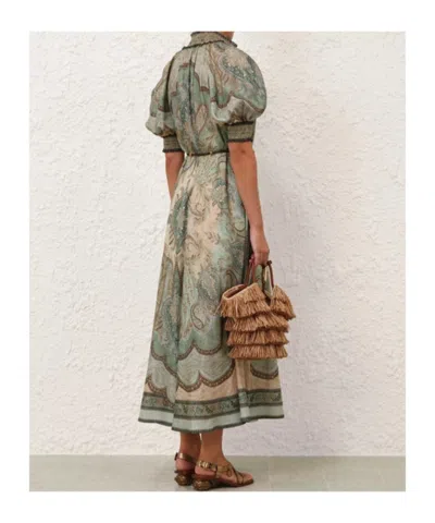 Zimmermann Womens Tapestry Teal Multi Wanderlust Billow Puffed-short-sleeves Silk Midi Dress In Multi
