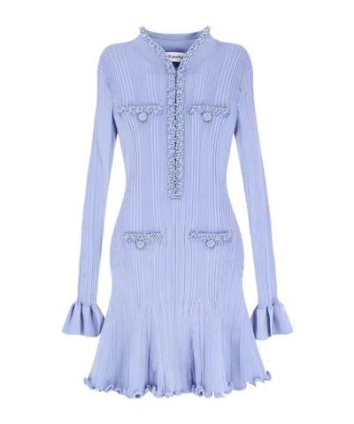Self-portrait Faux Pearl-embellished Ribbed-knit Mini Dress In Blue