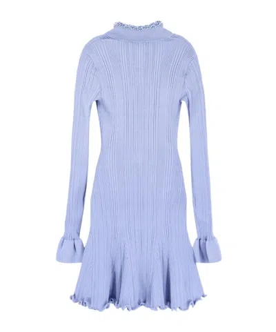 Self-portrait Faux Pearl-embellished Ribbed-knit Mini Dress In Blue