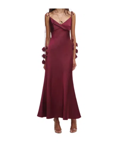 Self-portrait Bordeaux Long Dress With Knotted Shoulder Straps And Floral Details In Fabric Woman In Burgundy