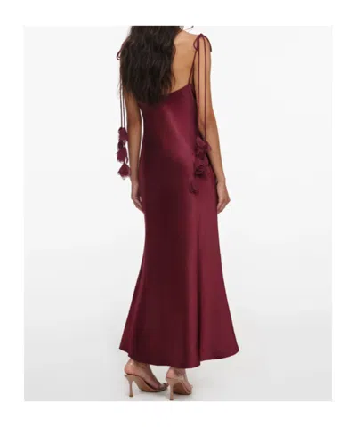 Self-portrait Bordeaux Long Dress With Knotted Shoulder Straps And Floral Details In Fabric Woman In Burgundy