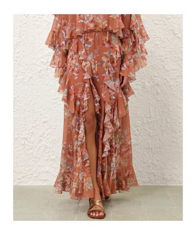 Zimmermann Awaken Belted Ruffled Floral-print Cotton And Silk-blend Crepe De Chine Maxi Skirt In Brown