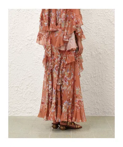 Zimmermann Awaken Belted Ruffled Floral-print Cotton And Silk-blend Crepe De Chine Maxi Skirt In Brown