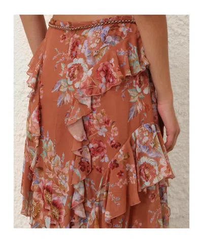 Zimmermann Awaken Belted Ruffled Floral-print Cotton And Silk-blend Crepe De Chine Maxi Skirt In Brown