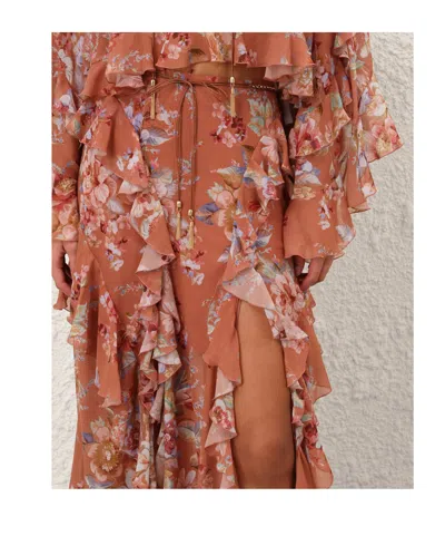 Zimmermann Awaken Belted Ruffled Floral-print Cotton And Silk-blend Crepe De Chine Maxi Skirt In Brown