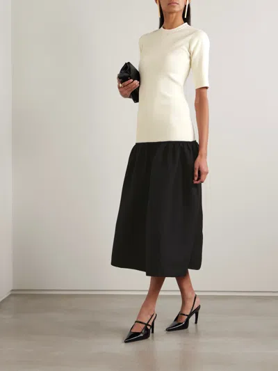 Totême Twinflower Gathered Ribbed-knit And Wool And Silk-blend Crepe Midi Dress In White