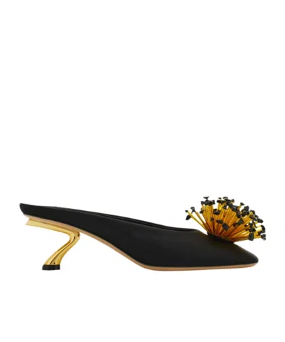 Ferragamo Black Sandals With Low Heel And Crystal Embellishment On The Front In Fabric Woman