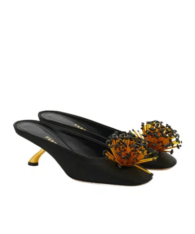 Ferragamo Black Sandals With Low Heel And Crystal Embellishment On The Front In Fabric Woman