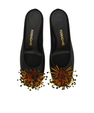 Ferragamo Black Sandals With Low Heel And Crystal Embellishment On The Front In Fabric Woman