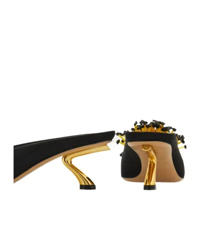 Ferragamo Black Sandals With Low Heel And Crystal Embellishment On The Front In Fabric Woman