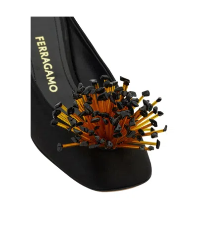 Ferragamo Black Sandals With Low Heel And Crystal Embellishment On The Front In Fabric Woman