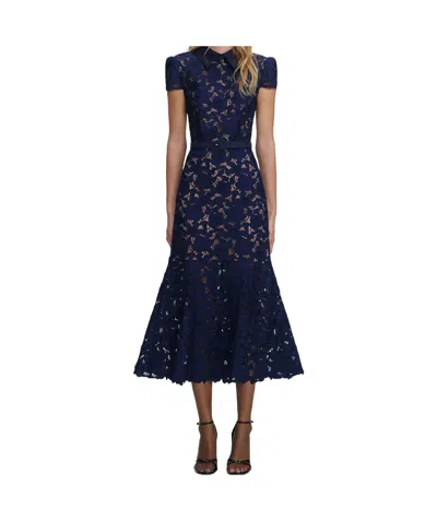 Self-portrait Guipure Blue Long Dress With Lace Design And Adjustable Waist Belt In Fabric Woman
