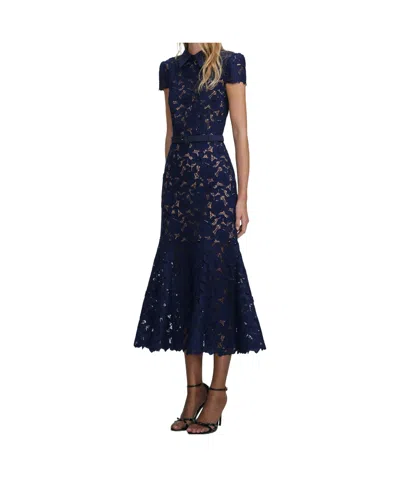 Self-portrait Guipure Blue Long Dress With Lace Design And Adjustable Waist Belt In Fabric Woman