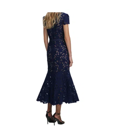 Self-portrait Guipure Blue Long Dress With Lace Design And Adjustable Waist Belt In Fabric Woman