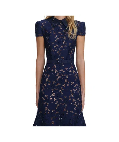 Self-portrait Guipure Blue Long Dress With Lace Design And Adjustable Waist Belt In Fabric Woman